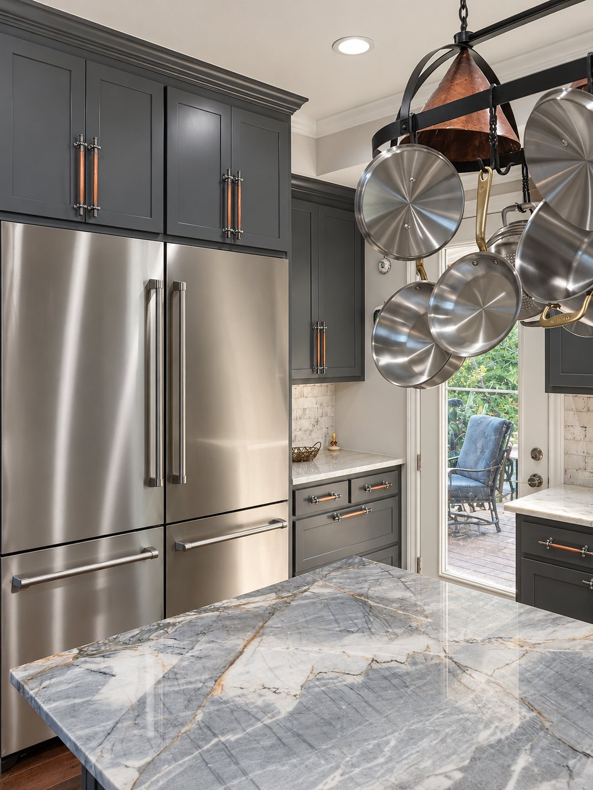 Tim - Ft. Worth, TX - Charcoal kitchen cabinets with copper cabinet pulls, stainless steel appliances, and a polished stone island. — solid copper cabinet hardware handmade in Tennessee