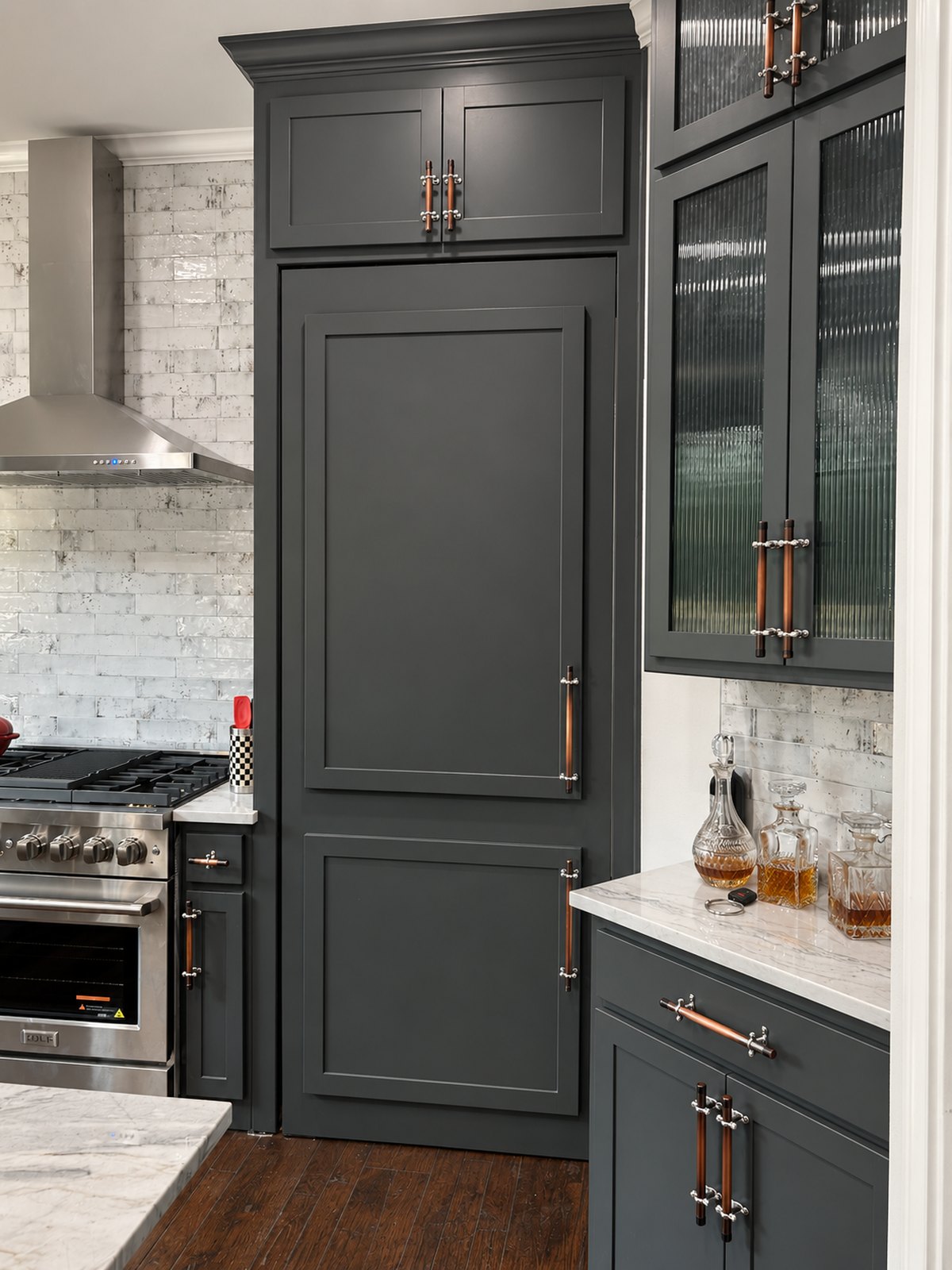 Tim - Ft. Worth, TX - Charcoal shaker cabinets with long copper pulls. — solid copper cabinet hardware handmade in Tennessee