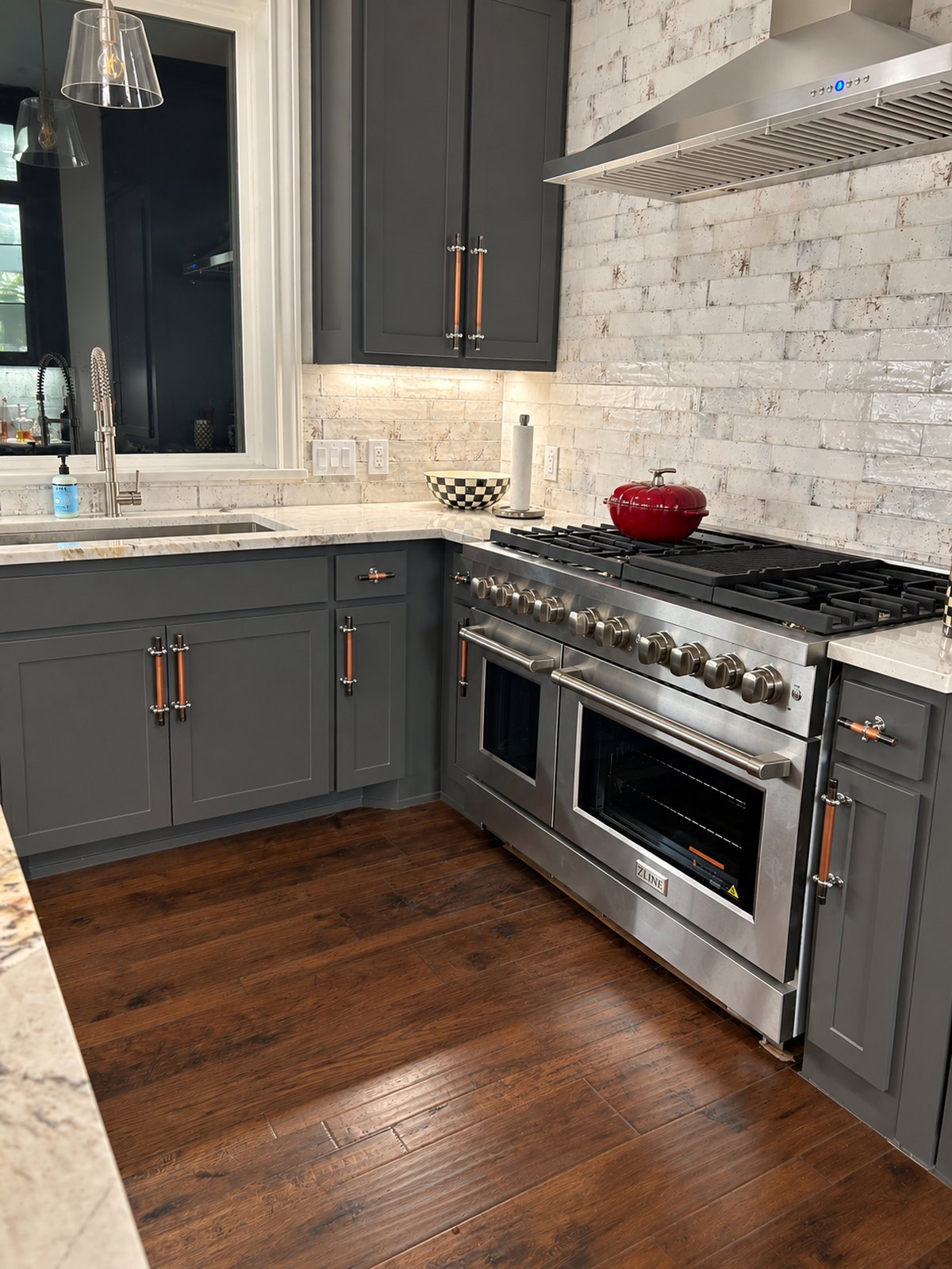 Tim - Ft. Worth, TX - Charcoal cabinets paired with our Antique Copper Cabinet Pulls. — solid copper cabinet hardware handmade in Tennessee